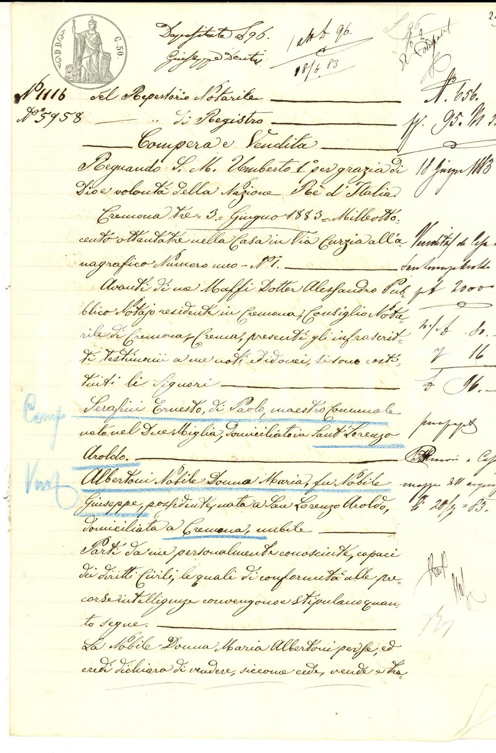 Documento originale, autentico 1883 SAN LORENZO AROLDO Maria ALBERTONI vende casa con orto a Ernesto SERAFINI 1