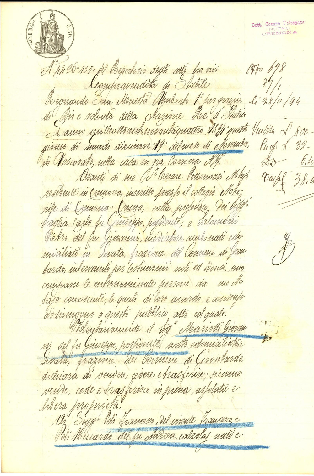 Documento originale, autentico 1894 LEVATA / GRONTARDO Giovanni MARIOTTI vende campo BREDA a Francesco POLI 1