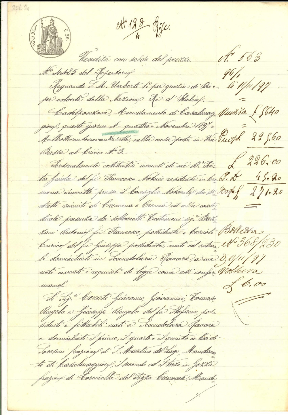 Documento originale, autentico 1897 MOTTA BALUFFI Fratelli CERATI vendono terra al marchese Ferdinando STANGA 1
