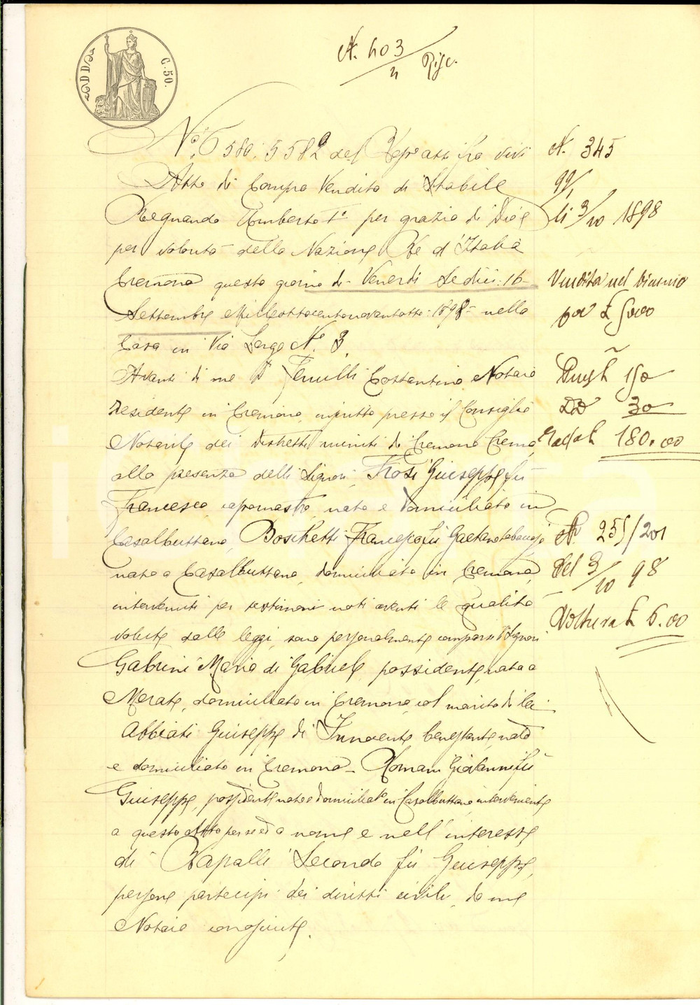 Documento originale, autentico 1898 CASALBUTTANO Maria GABRINI vende campo a Giovanni ROMANI e Secondo RAPALLI 1