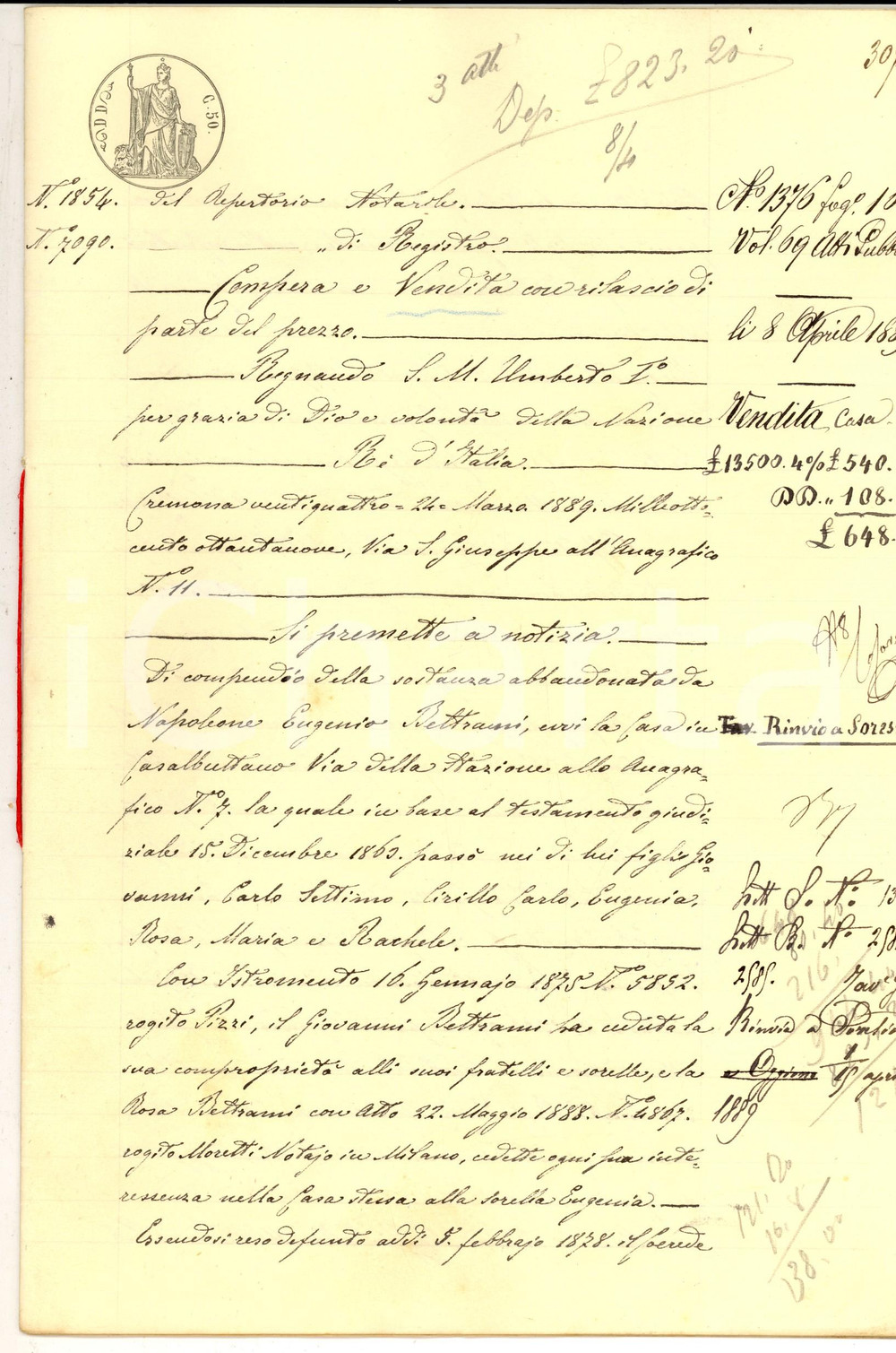 Documento originale, autentico 1889 CASALBUTTANO CR Luigi BOSCHETTI vende casa a Vittoria SALA Manoscritto 1