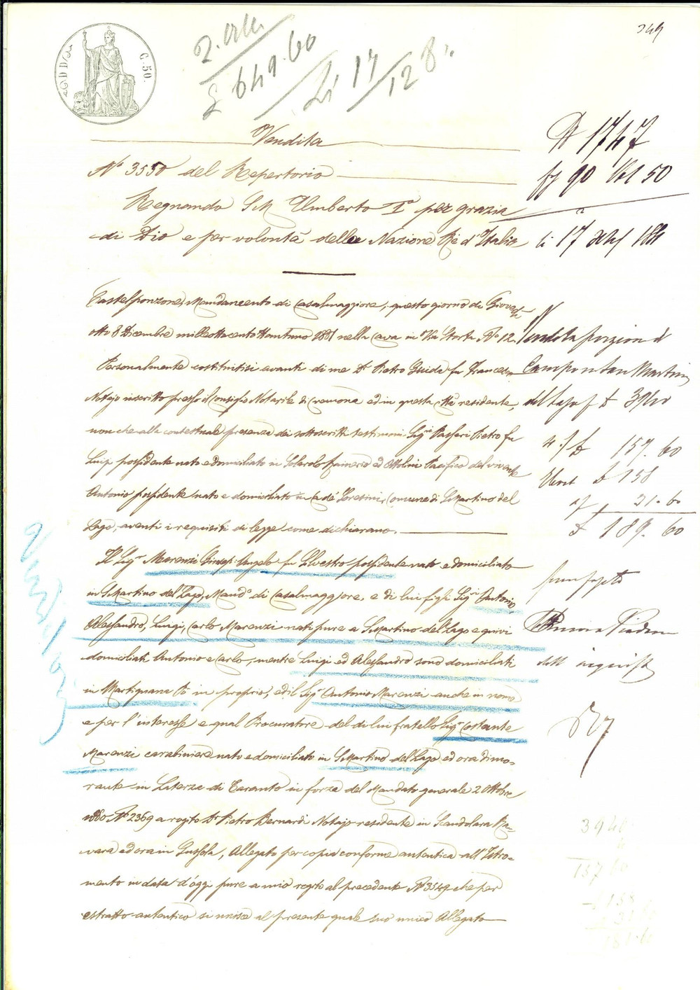Documento originale, autentico 1881 SAN MARTINO DEL LAGO Fratelli MARENZI vendono campo a Elisabetta MANINI 1