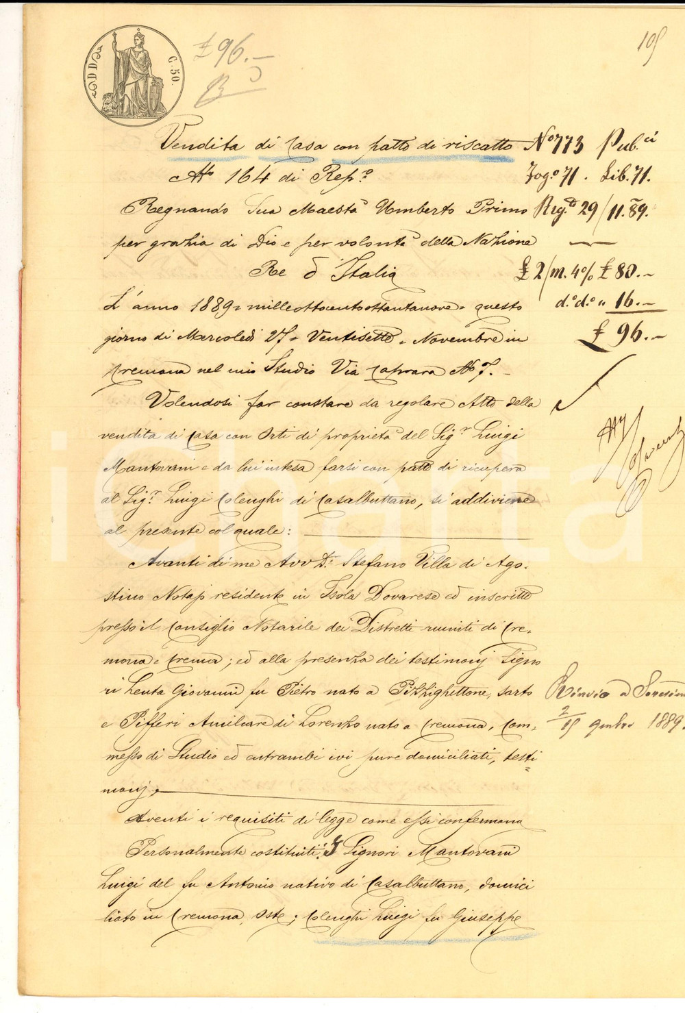 Documento originale, autentico 1889 CASALBUTTANO CR Luigi MANTOVANI vende a Luigi COLENGHI casa con bottega 1