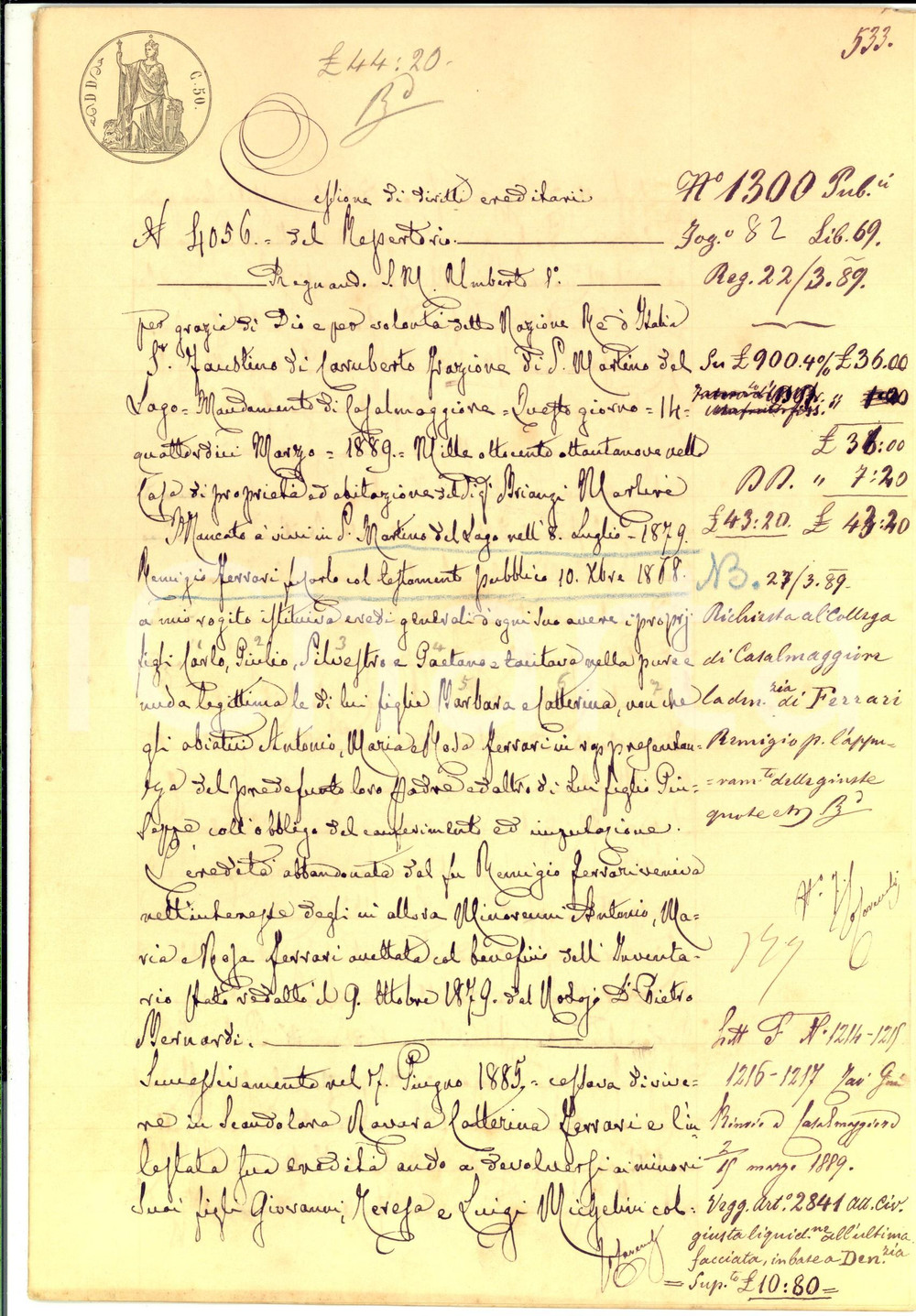 Documento originale, autentico 1889 SAN MARTINO DEL LAGO Cessione quote ereditarie tra figli di Remigio FERRARI 1