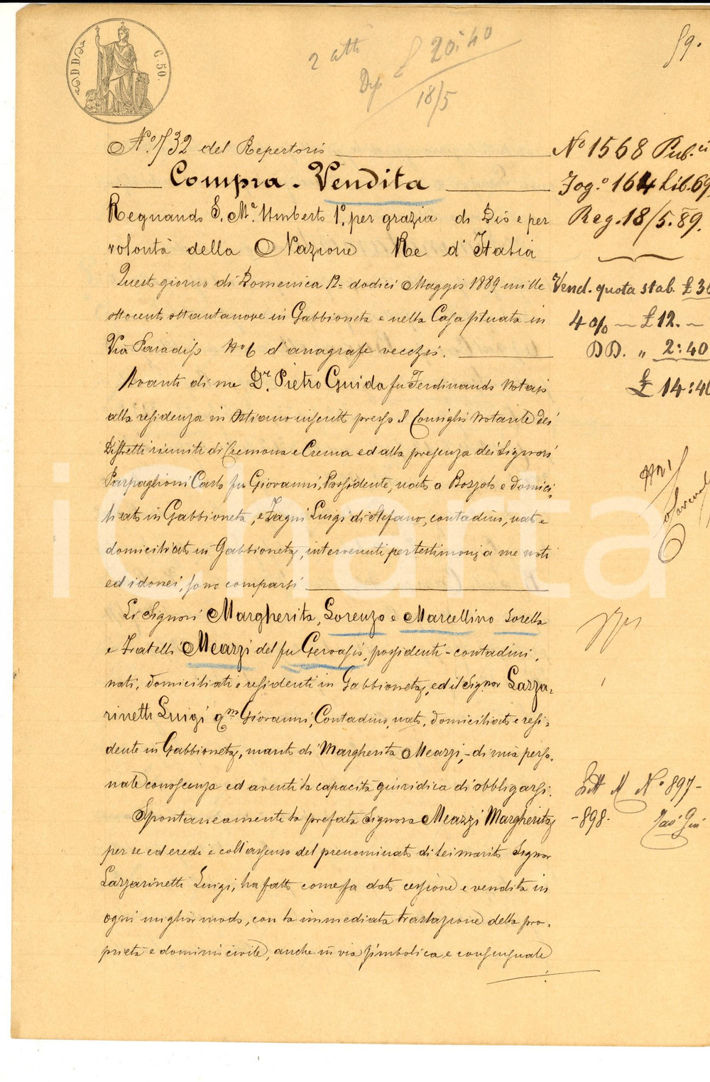 Documento originale, autentico 1889 GABBIONETA Margherita MEAZZI vende campo BAGAROTTO ai fratelli Manoscritto 1