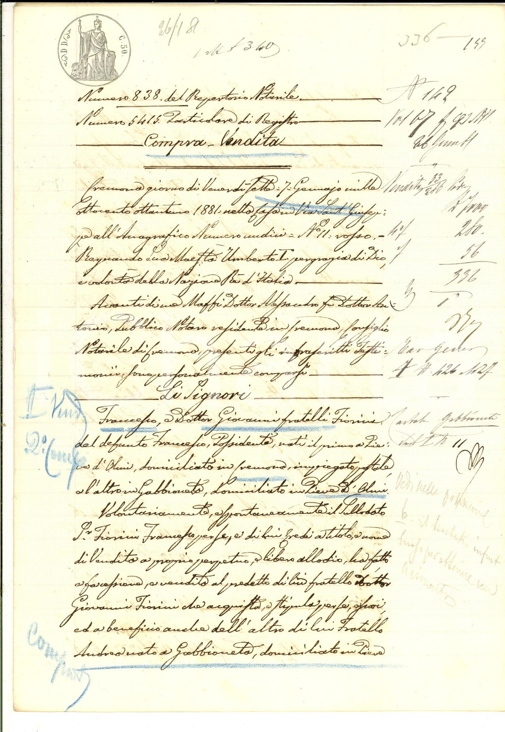 Documento originale, autentico 1881 GABBIONETA Francesco FIORINI vende quota stabili al fratello Giovanni 1