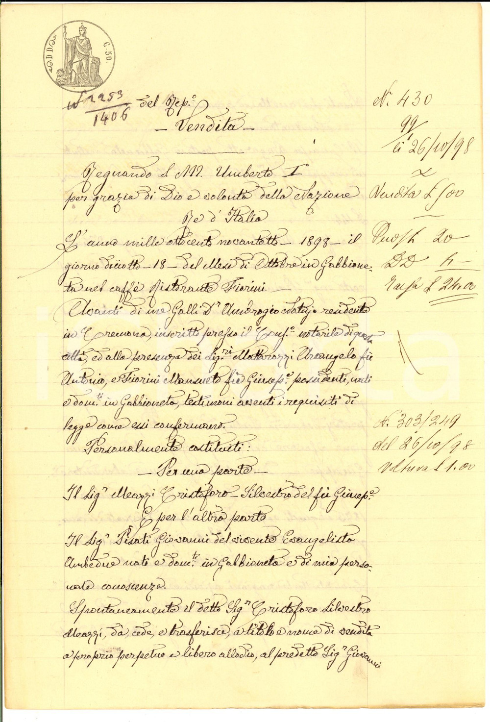 Documento originale, autentico 1898 GABBIONETA CR Cristoforo Silvestro MEAZZI vende campo a Giovanni PISATI 1