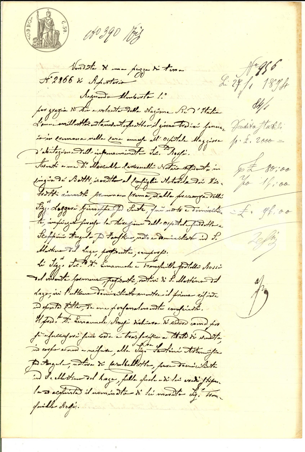 Documento originale, autentico 1894 SAN MARTINO DEL LAGO Emanuele ROSSI vende campo ad Artemisia FANTINI 1