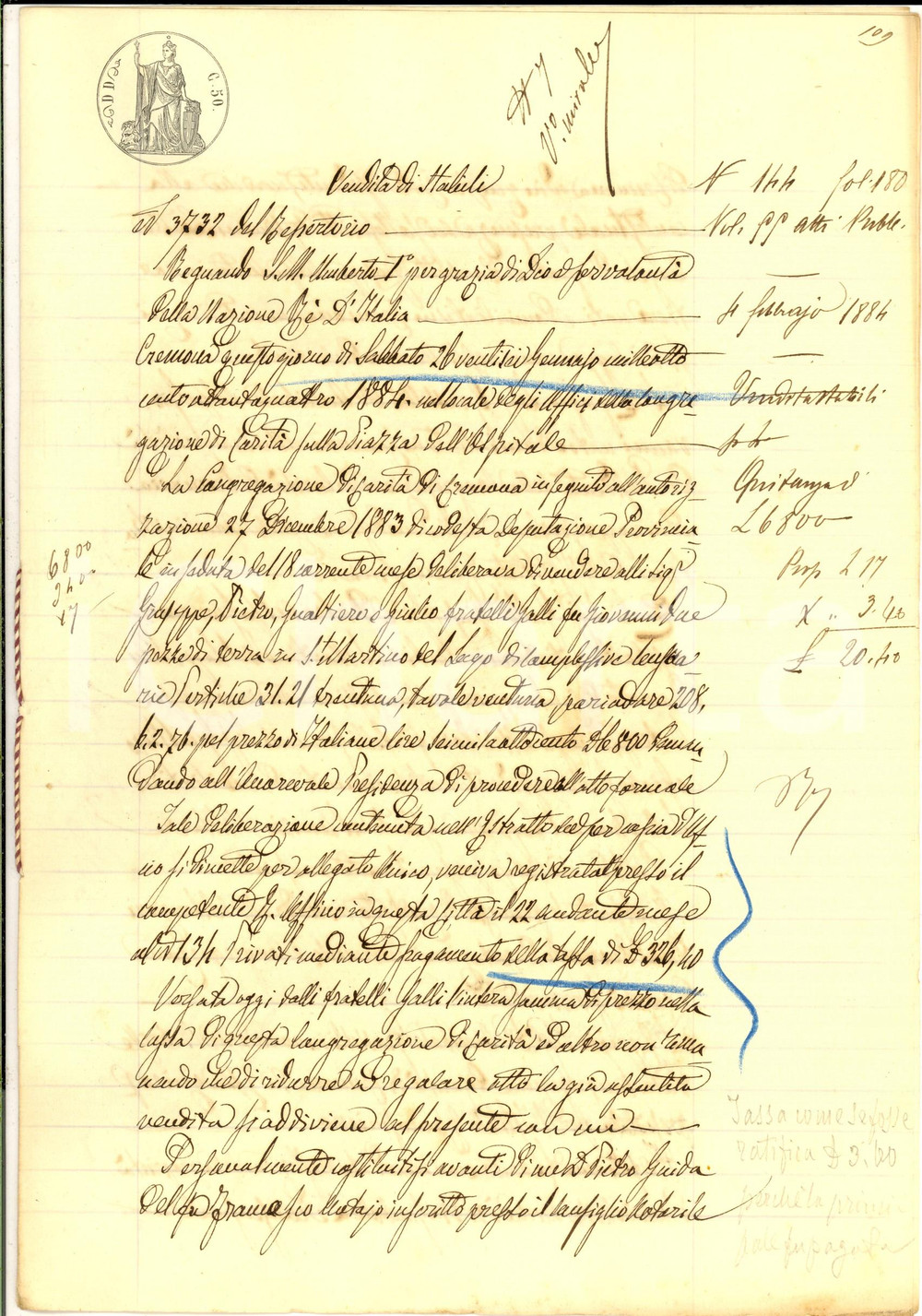 Documento originale, autentico 1884 SAN MARTINO DEL LAGO Annibale GRASSELLI vende terra ai fratelli GALLI 1