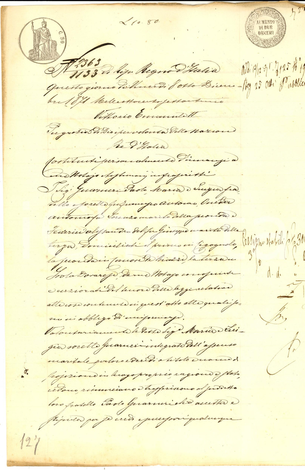Documento originale, autentico 1871 VOLONGO CR Maria e Luigia GUARNERI cedono diritti su campo del padre 1