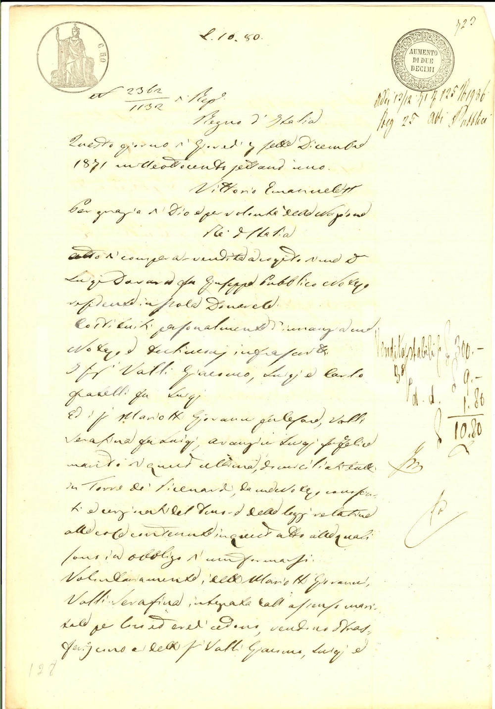Documento originale, autentico 1871 TORRE DE  PICENARDI Mario DI GIOVANNI e Serafina VALLI vendono casa 1