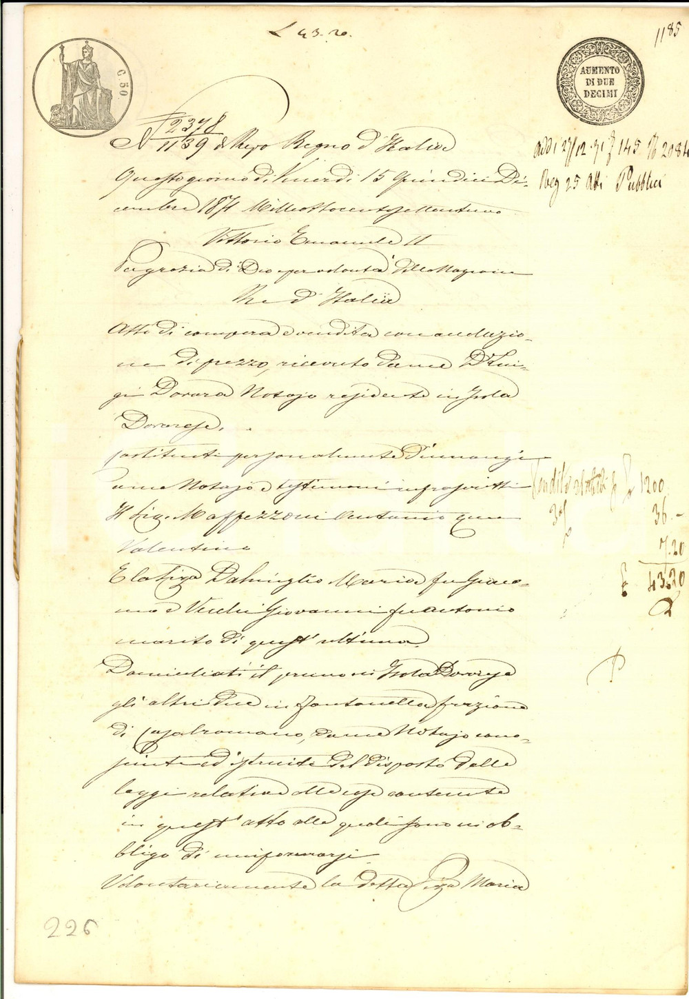 Documento originale, autentico 1871 ISOLA DOVARESE CR Maria DALMIGLIO vende casa ad Antonio MAFFEZZONI 1