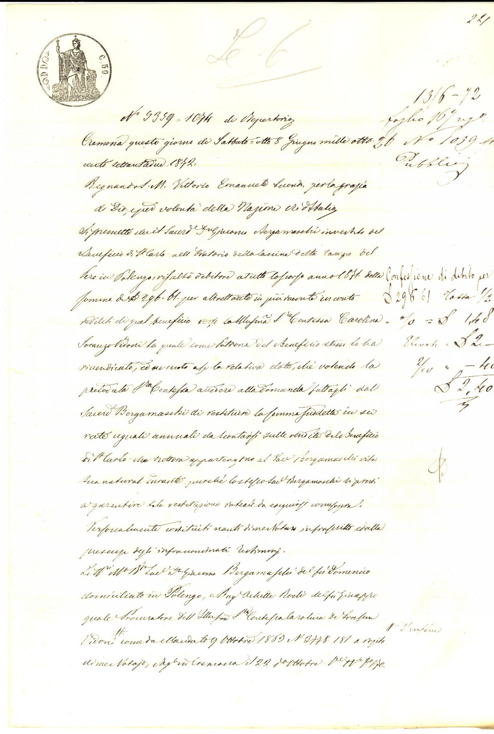 Documento originale, autentico 1872 POLENGO Don Giacomo BERGAMASCHI debitore contessa Carolina SORANZO VIDONI 1