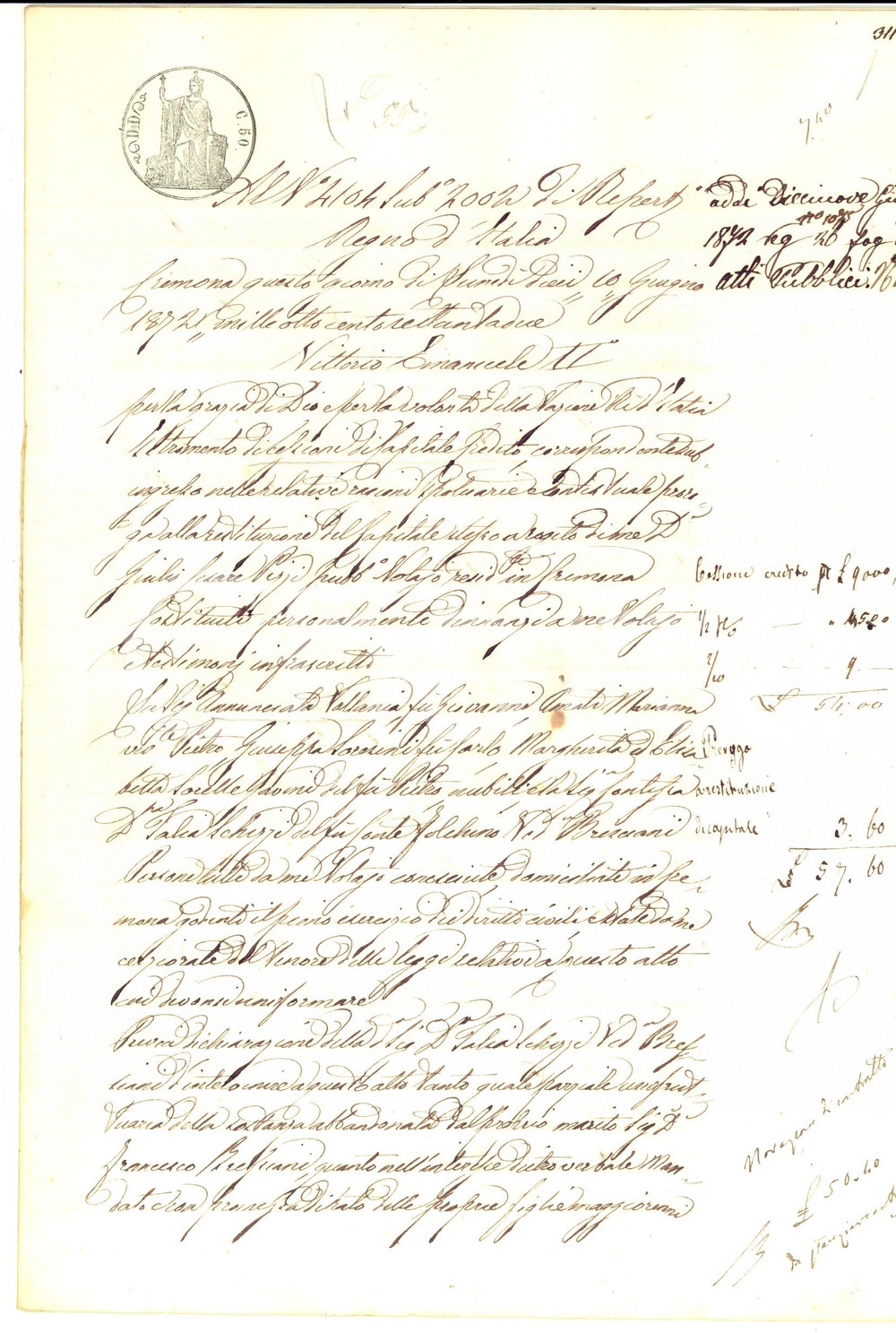 Documento originale, autentico 1872 CREMONA Cessione capitale ereditario Annunciata VALLANIA e Marianna AMATI 1