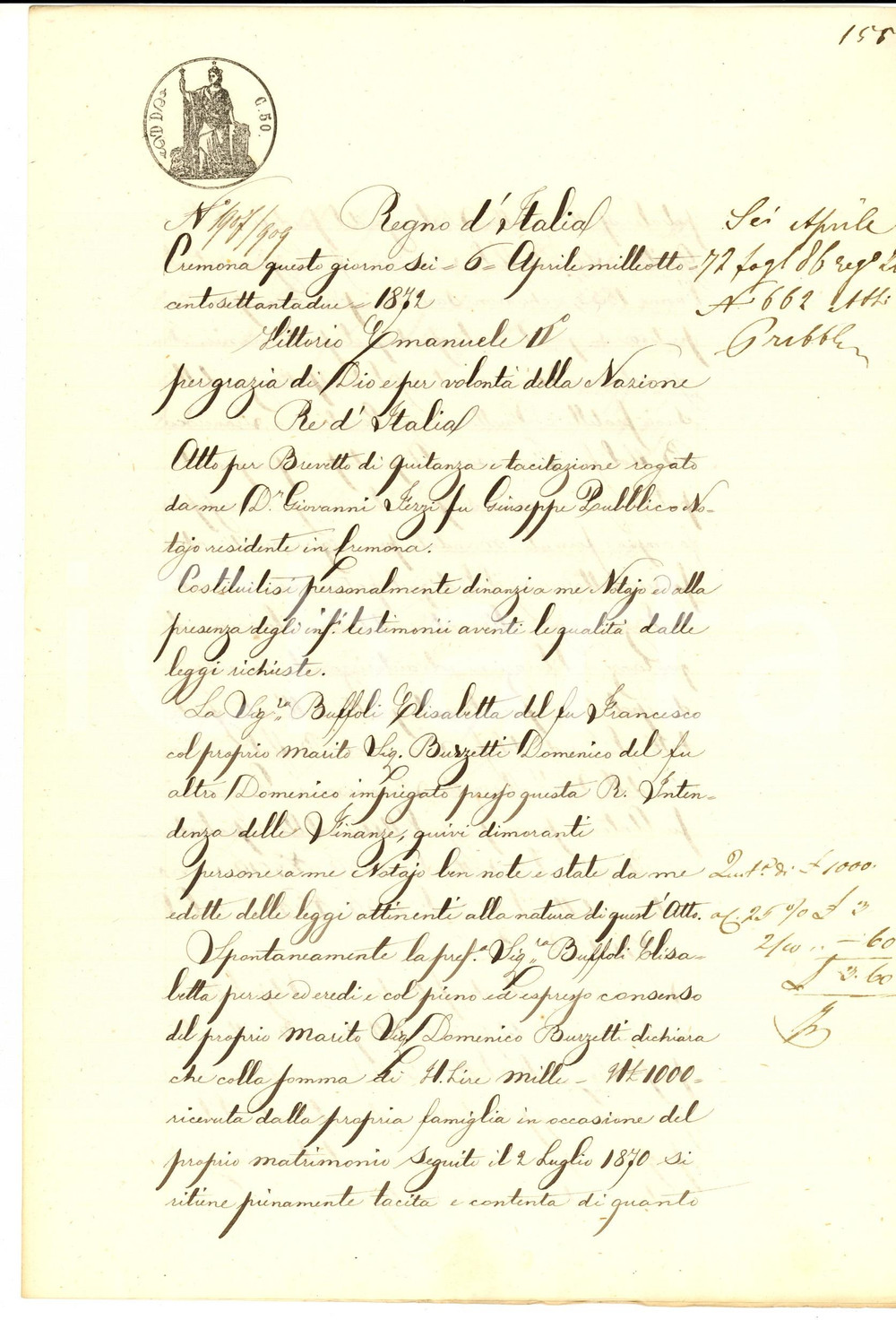 Documento originale, autentico 1872 CREMONA Quietanza di Elisabetta BUFFOLI per dote ricevuta Manoscritto 1