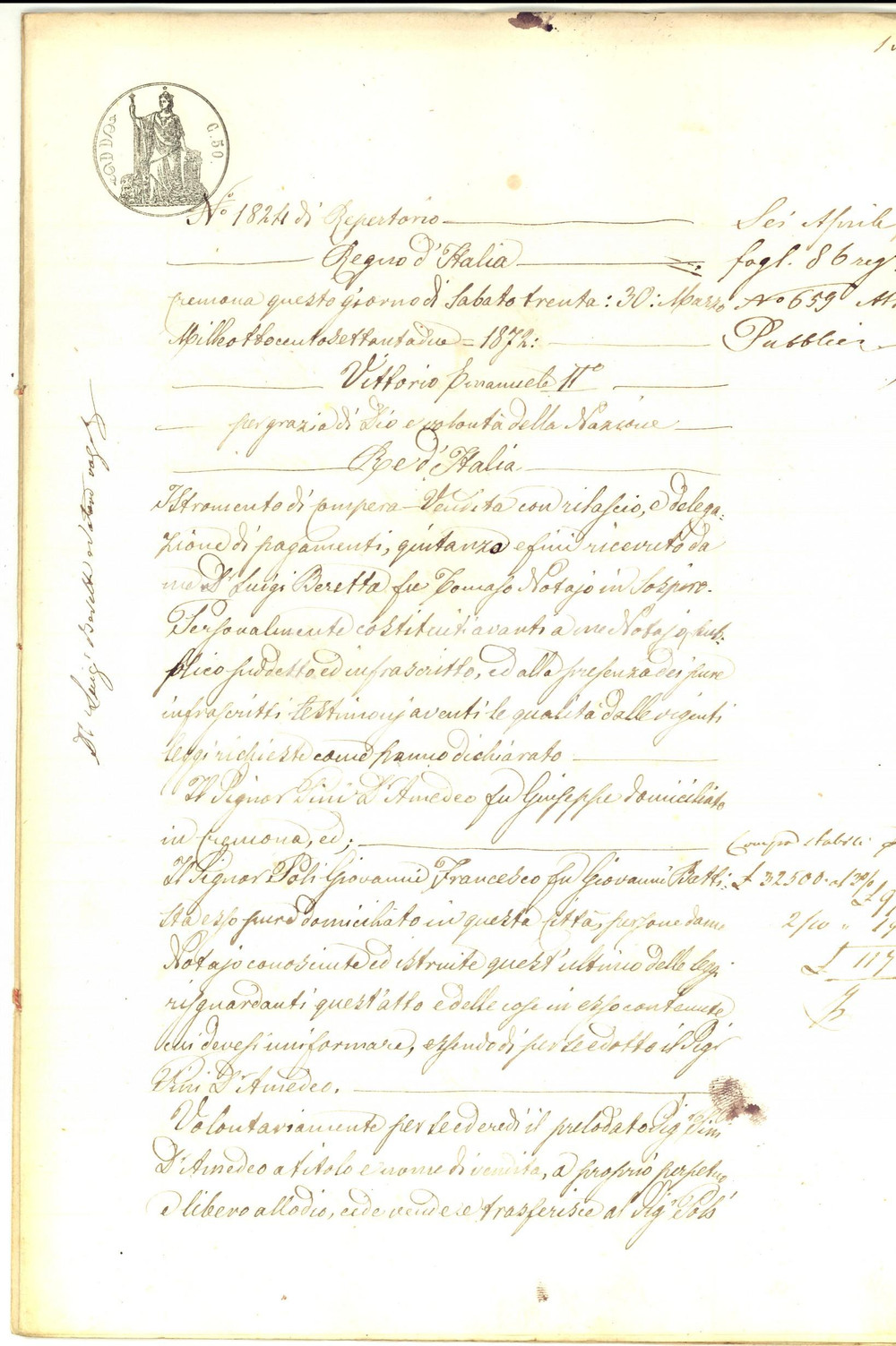 Documento originale, autentico 1872 TORNATA CR Amedeo SILI vende terre a Giovanni Francesco POLI Manoscritto 1