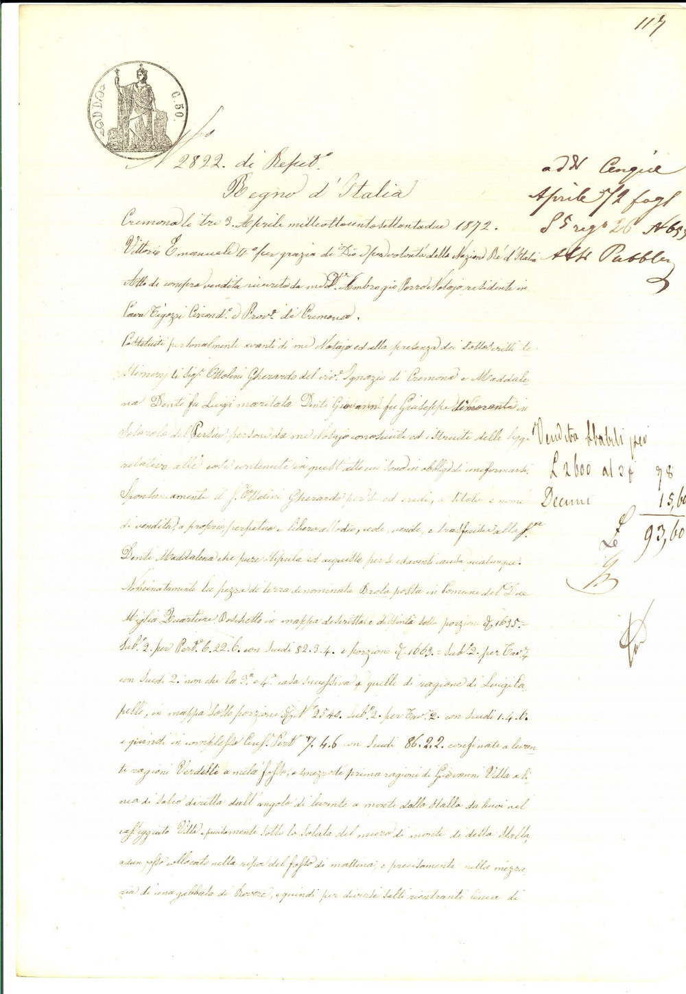 Documento originale, autentico 1872 DUEMIGLIA / CREMONA Gherardo OTTOLINI vende terra BROLA a Maddalena DENTI 1