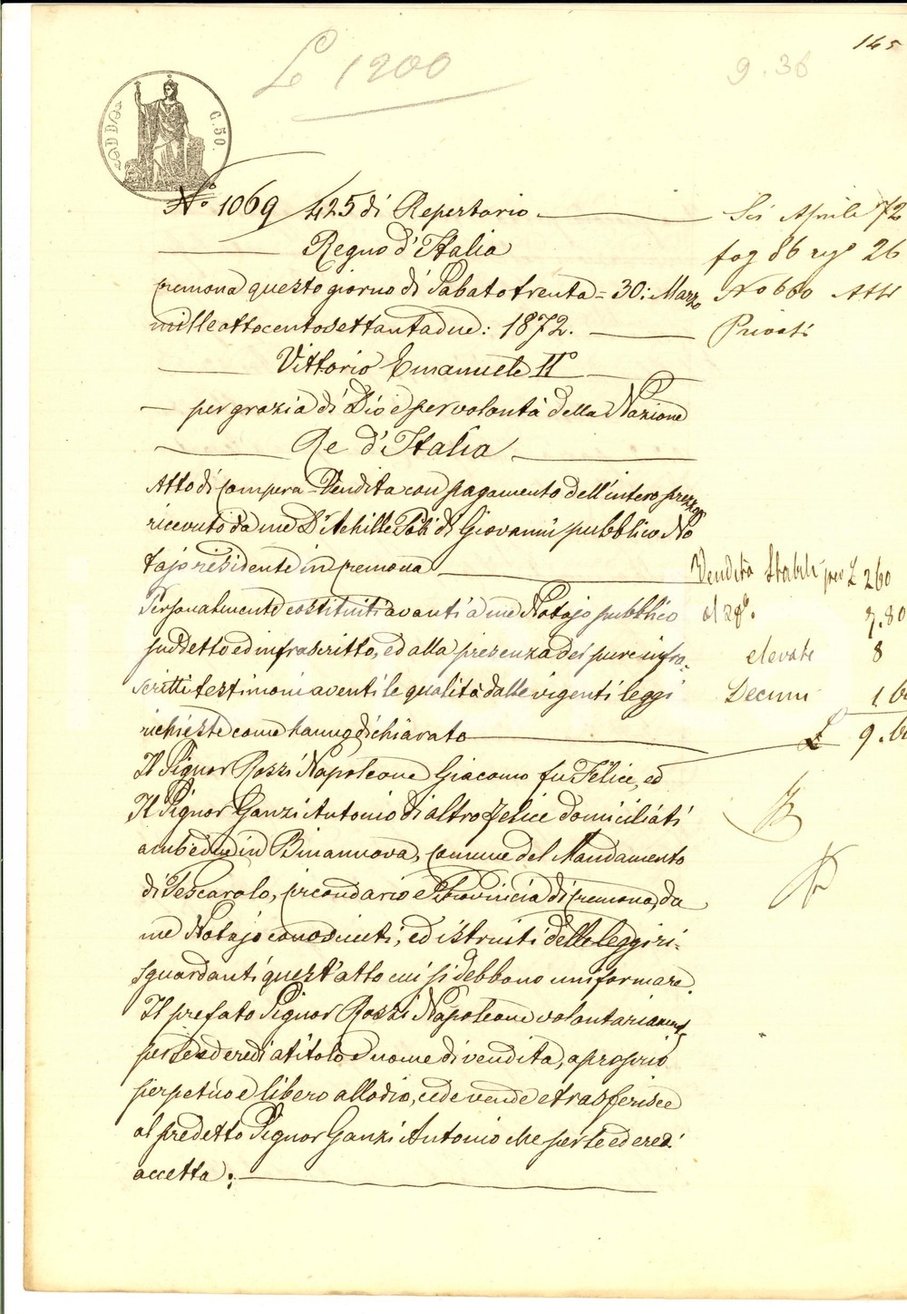 Documento originale, autentico 1872 BUIANOVA CR Napoleone ROSSI vende terra LA GERRA ad Antonio GANZI 1