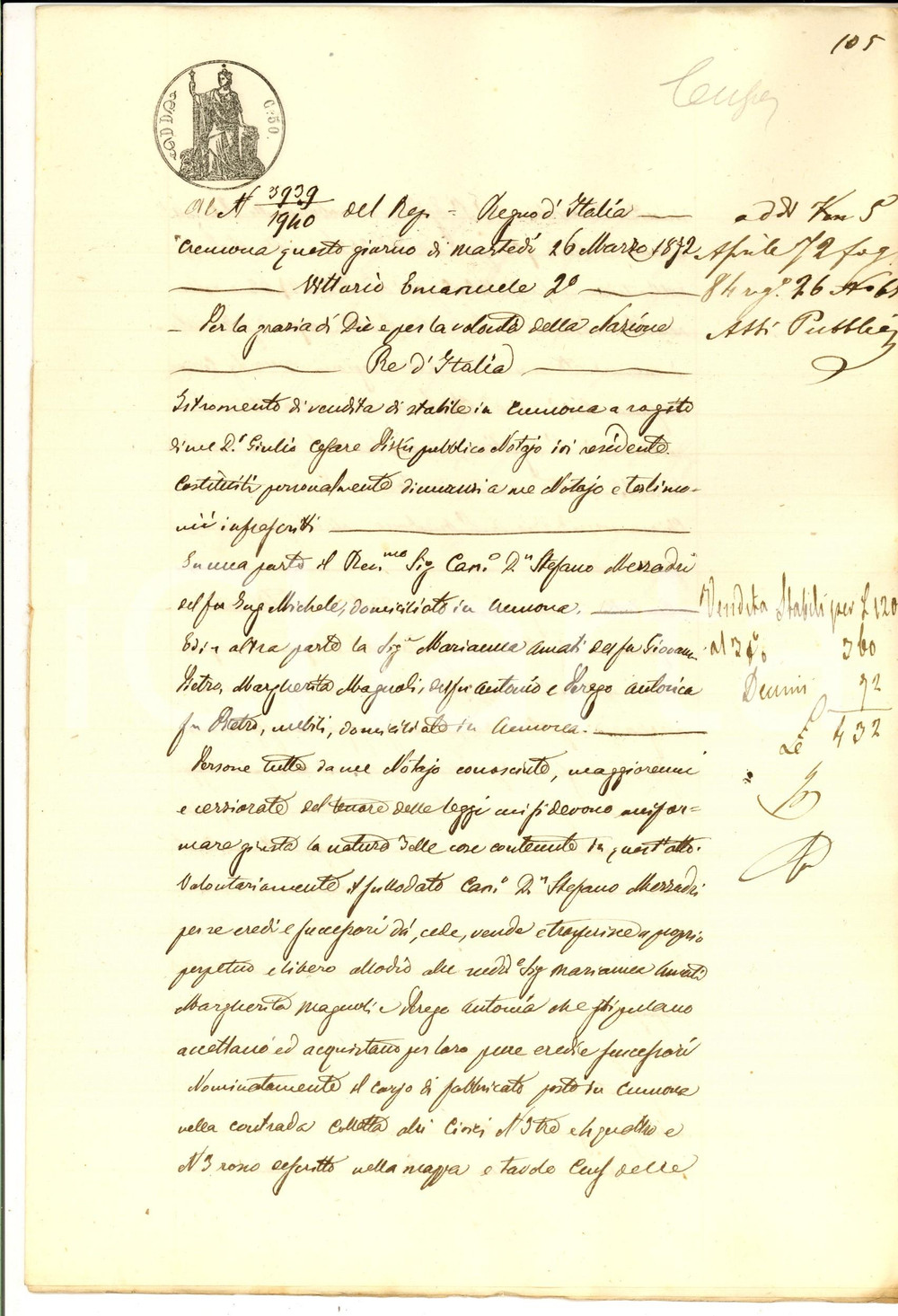Documento originale, autentico 1872 CREMONA Don Stefano MEZZADRI vende fabbricato a Marianna AMATI Manoscritto 1