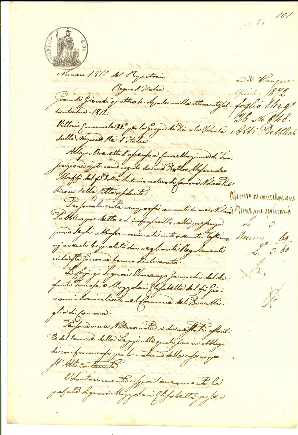 Documento originale, autentico 1872 DUEMIGLIA Elisabetta MAZZOLARI su annullamento iscrizione Enrico CELLI 1