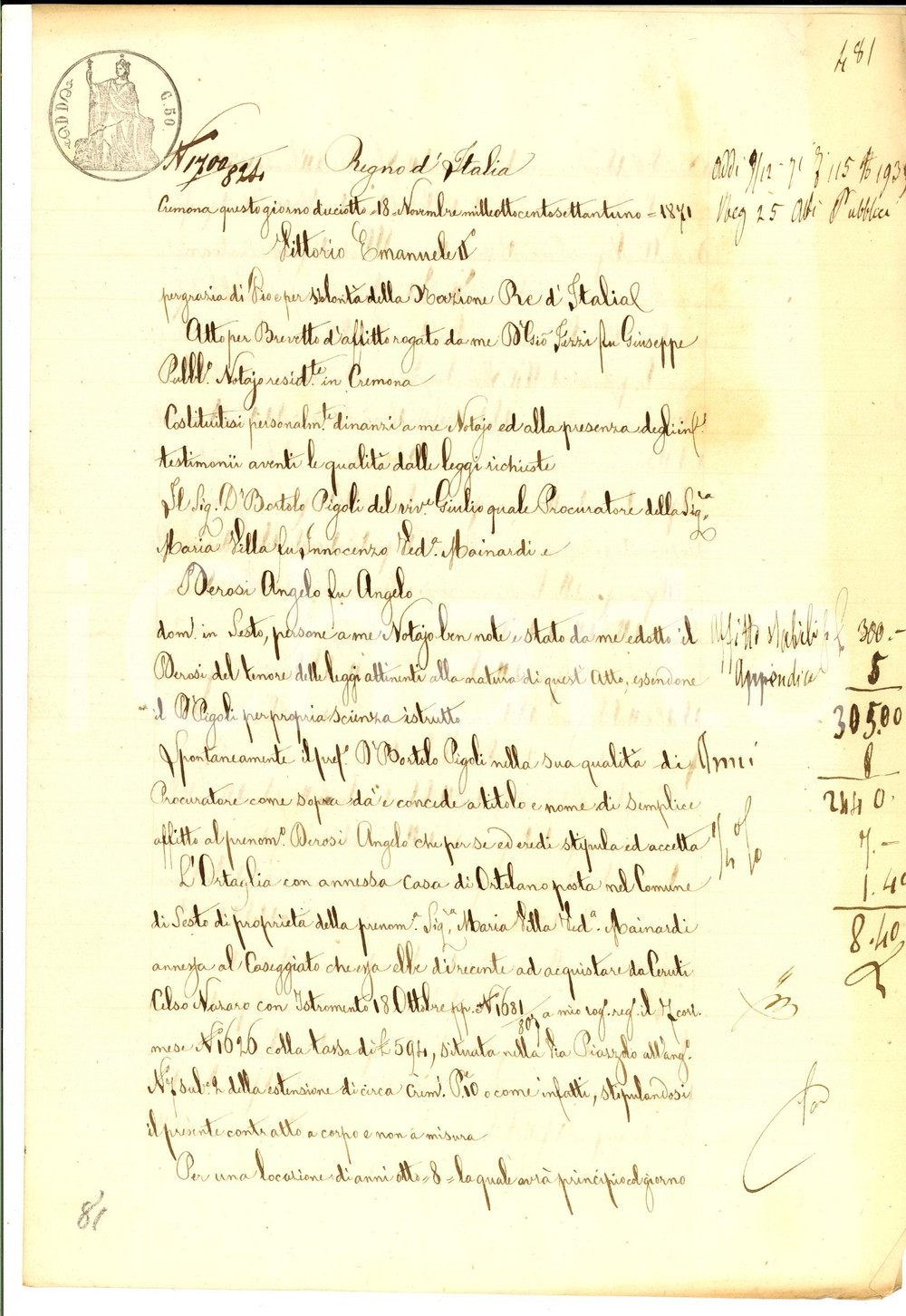 Documento originale, autentico 1871 SESTO ED UNITI CR Maria VILLA affitta ortaglia con casa ad Angelo DEROSI 1