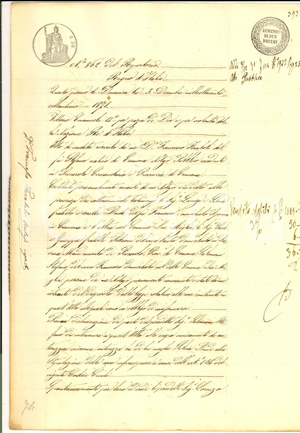 Documento originale, autentico 1871 PIEVE TERZAGNI CR Lorenza e Silvia DONDI vendono casa a fratelli PEDRONI 1