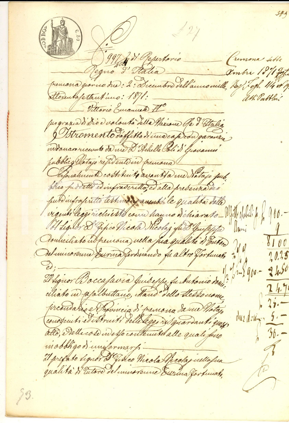 Documento originale, autentico 1871 CASALBUTTANO Nicola NICOLAJ affitta albergo LA GRANDA a Giuseppe BOCCAFAVIA 1