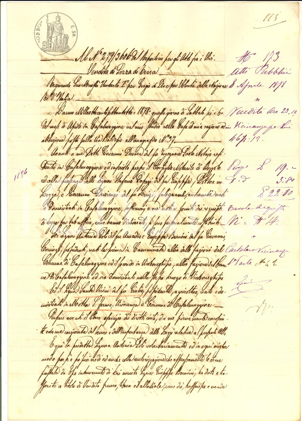 Documento originale, autentico 1878 VICINANZA CR Antonia POLI vende parte campo ALBERONE a Sante VICINI 1