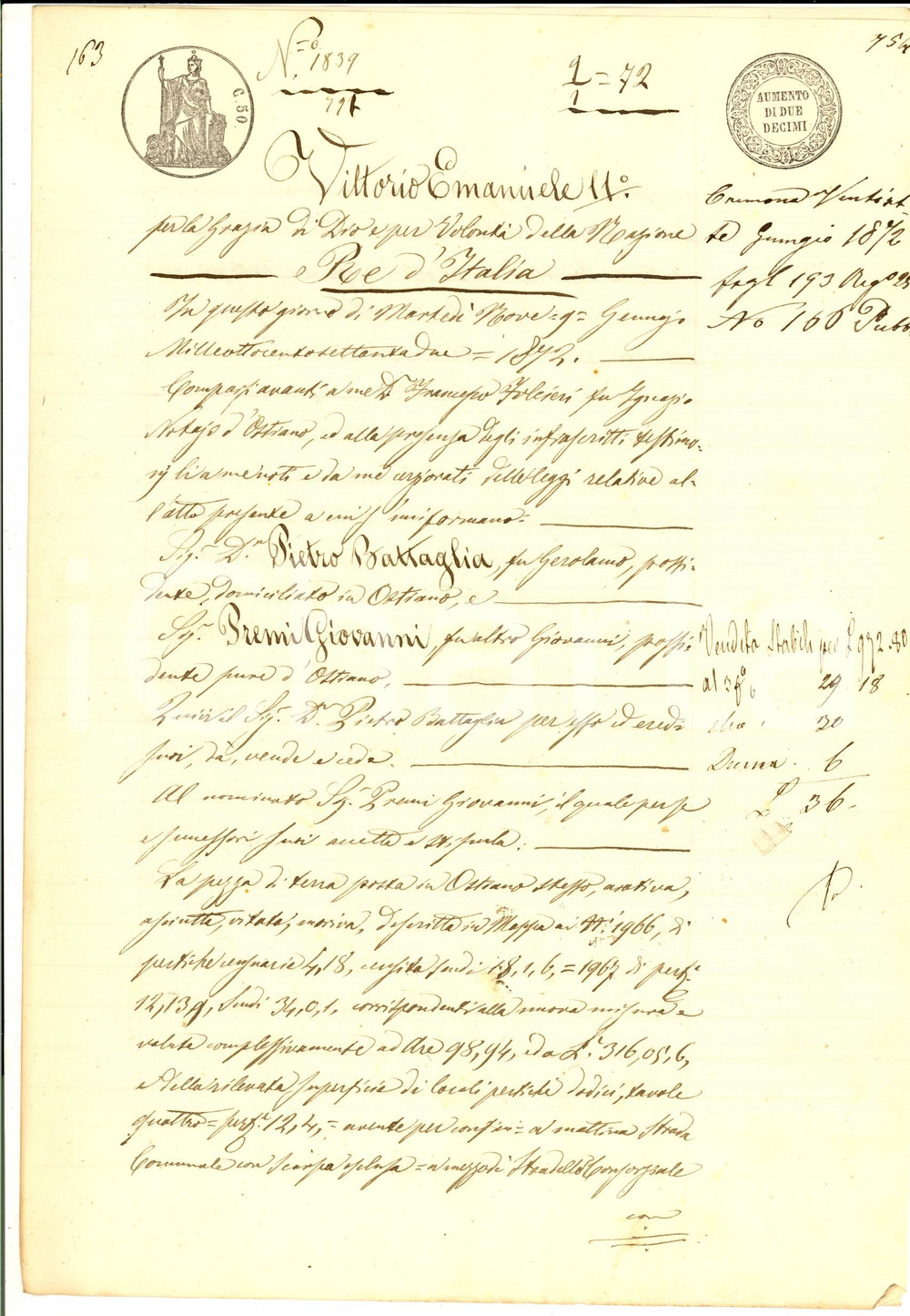Documento originale, autentico 1872 OSTIANO CR Pietro BATTAGLIA vende terra arativa a Giovanni PREMI 1