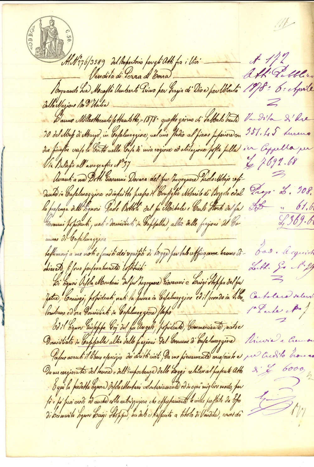 Documento originale, autentico 1878 CAPPELLA CR Orsola MONTANI vende terra CARPANARE a Giuseppe GOI 1