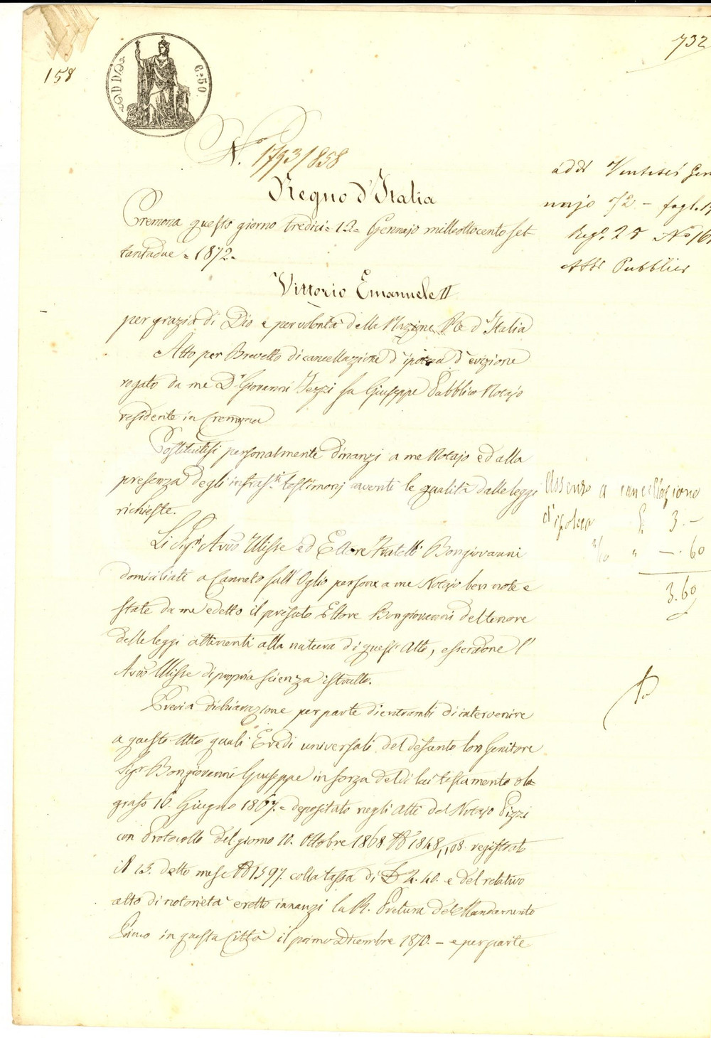 Documento originale, autentico 1872 CANNETO SULL OGLIO Documento per nullitÃ  atto eredi Giuseppe BONGIOVANNI 1