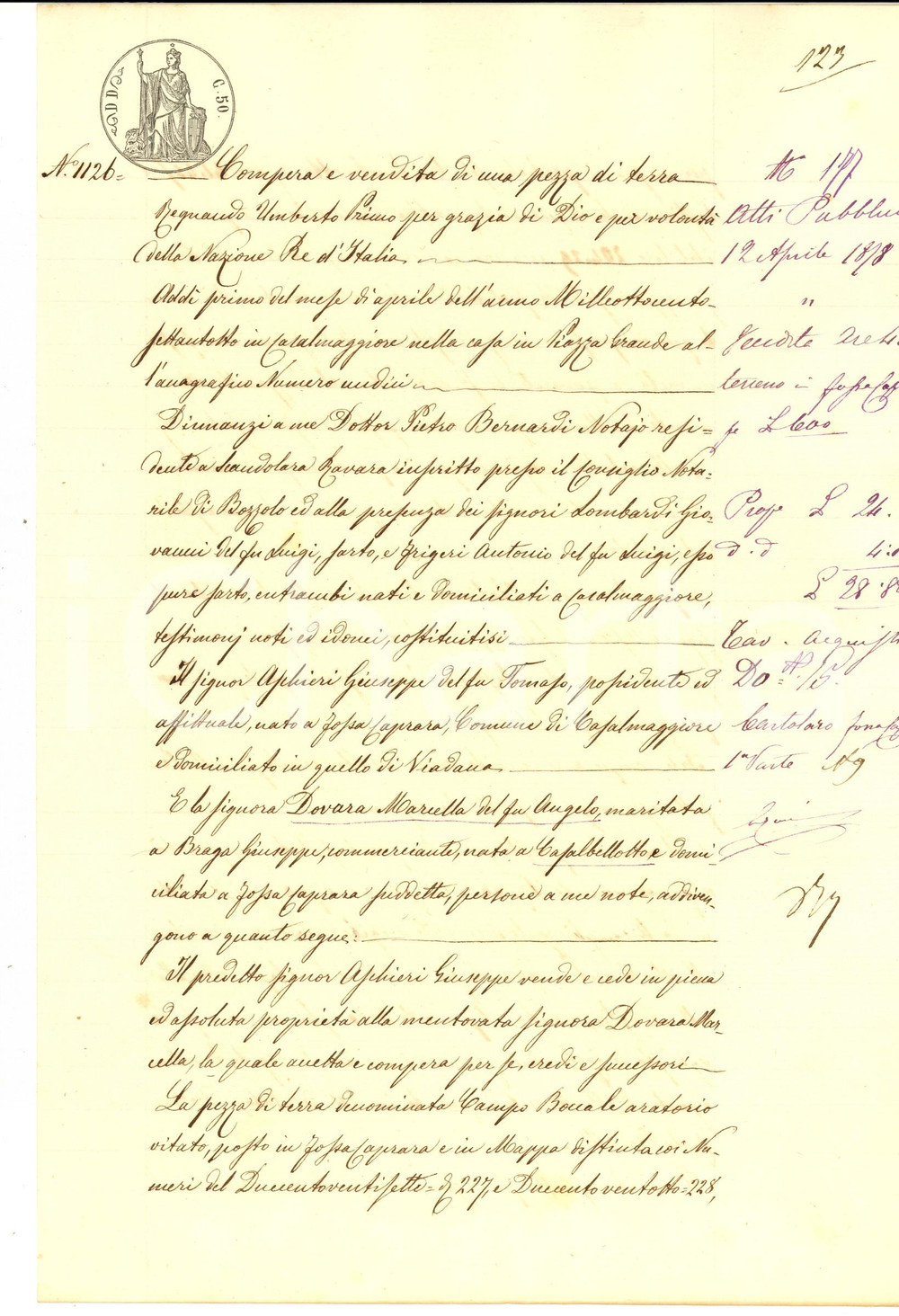 Documento originale, autentico 1878 FOSSACAPRARA CR Giuseppe ASCHIERI vende campo BOCCALE a Marcella DOVARA 1