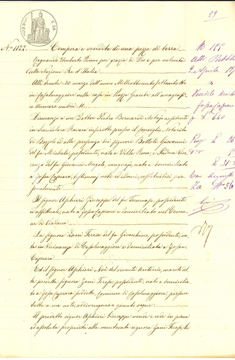 Documento originale, autentico 1878 FOSSACAPRARA CR Giuseppe ASCHIERI vende campo PARGOLETTO a Teresa ZANI 1