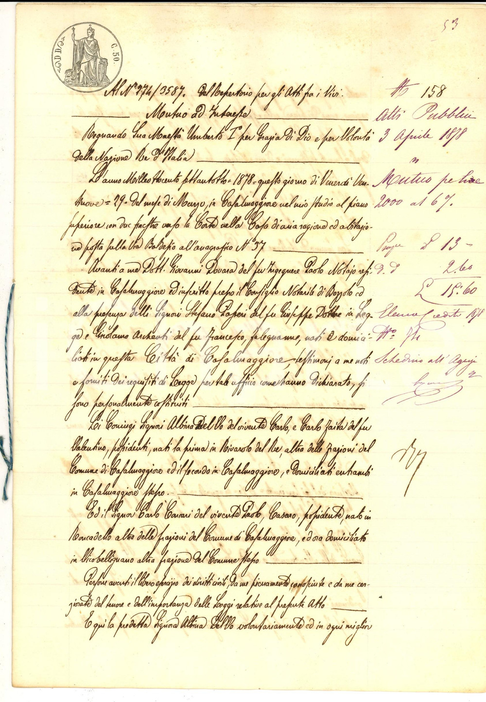 Documento originale, autentico 1878 CASALMAGGIORE Albina DEL VO presta capitale a Carlo Concari Manoscritto 1