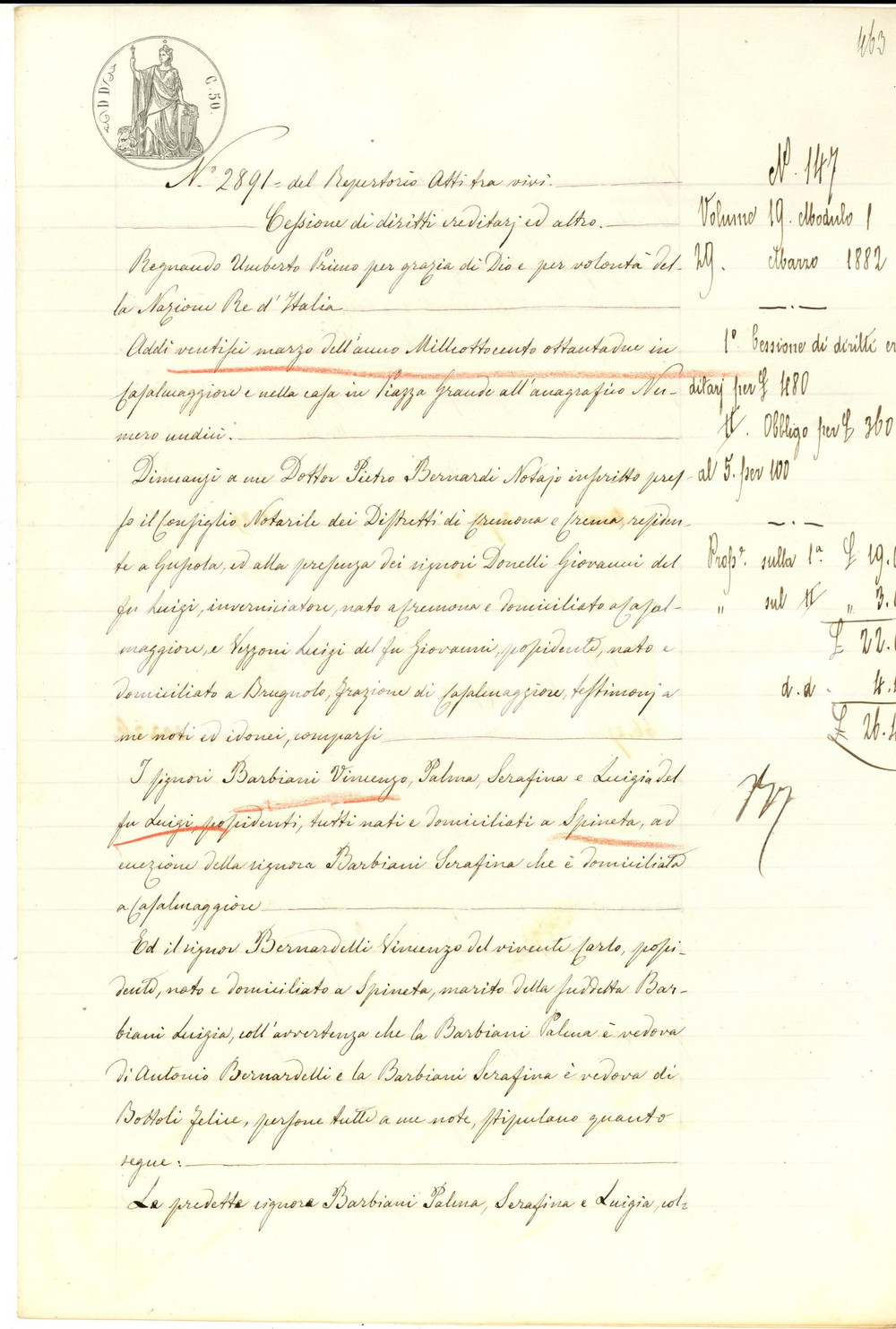 Documento originale, autentico 1882 SPINEDA CR Sorelle BARBIANI cedono terre in ereditÃ  al fratello Vincenzo 1