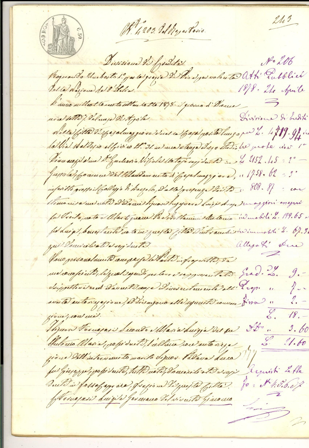 Documento originale, autentico 1878 CASALMAGGIORE CR Divisione eredità dei fu Luigi e Antonio Maria FORNASARI 1