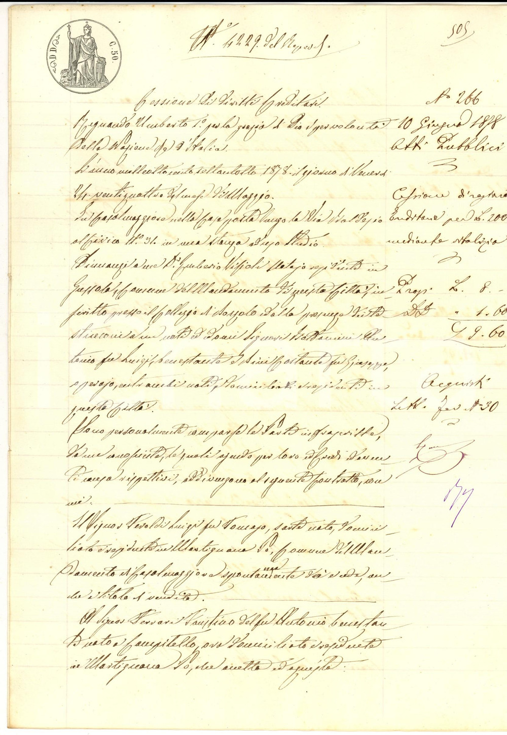 Documento originale, autentico 1878 MARTIGNANA DI PO Luigi PEROLDI cede diritti ereditari a Faustino FERRARI 1