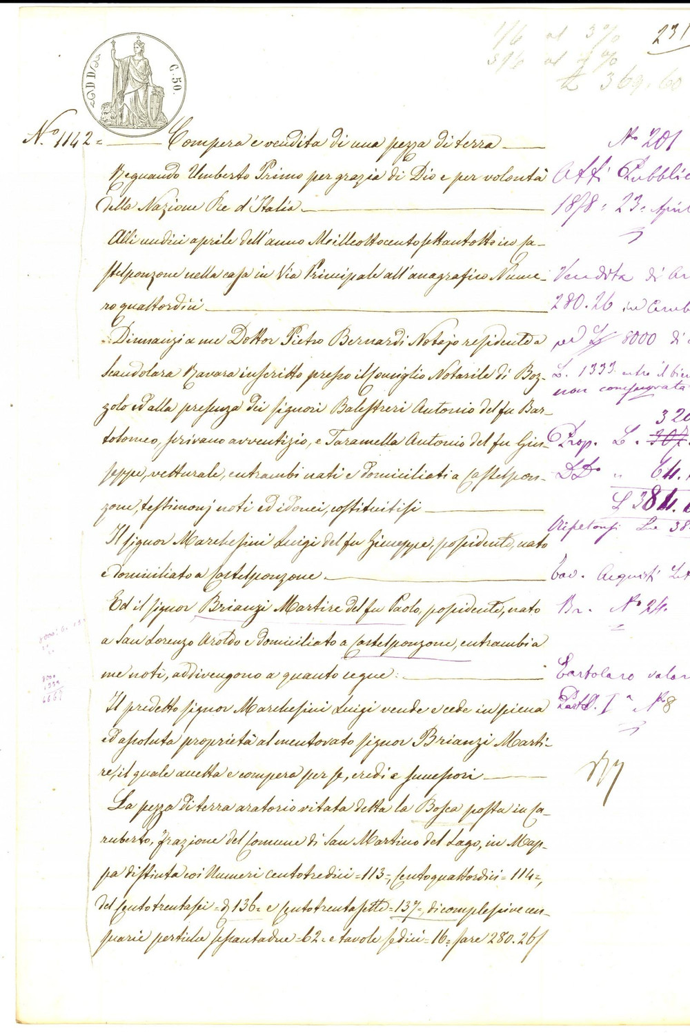 Documento originale, autentico 1878 CARUBERTO CR Luigi MARCHESINI vende terra LA BOSCA a Martire BRIANZI 1