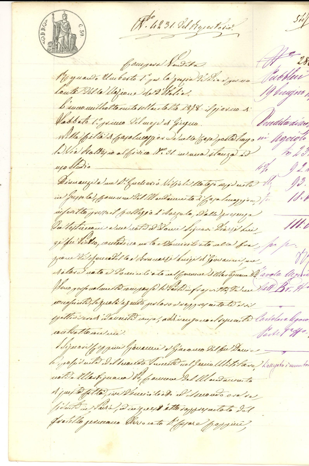 Documento originale, autentico 1878 AGOIOLO CR Giovanni COPPINI vende campo aratorio a Santa BRAGA 1