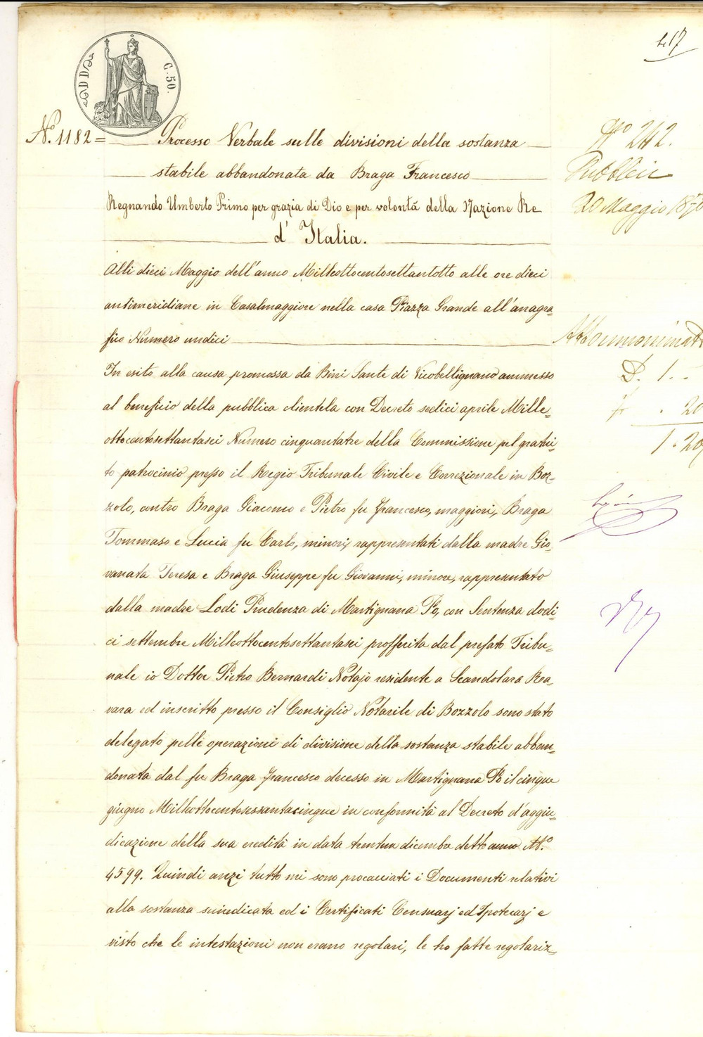 Documento originale, autentico 1878 MARTIGNANA DI PO Processo verbale su divisione ereditÃ  di Francesco BRAGA 1
