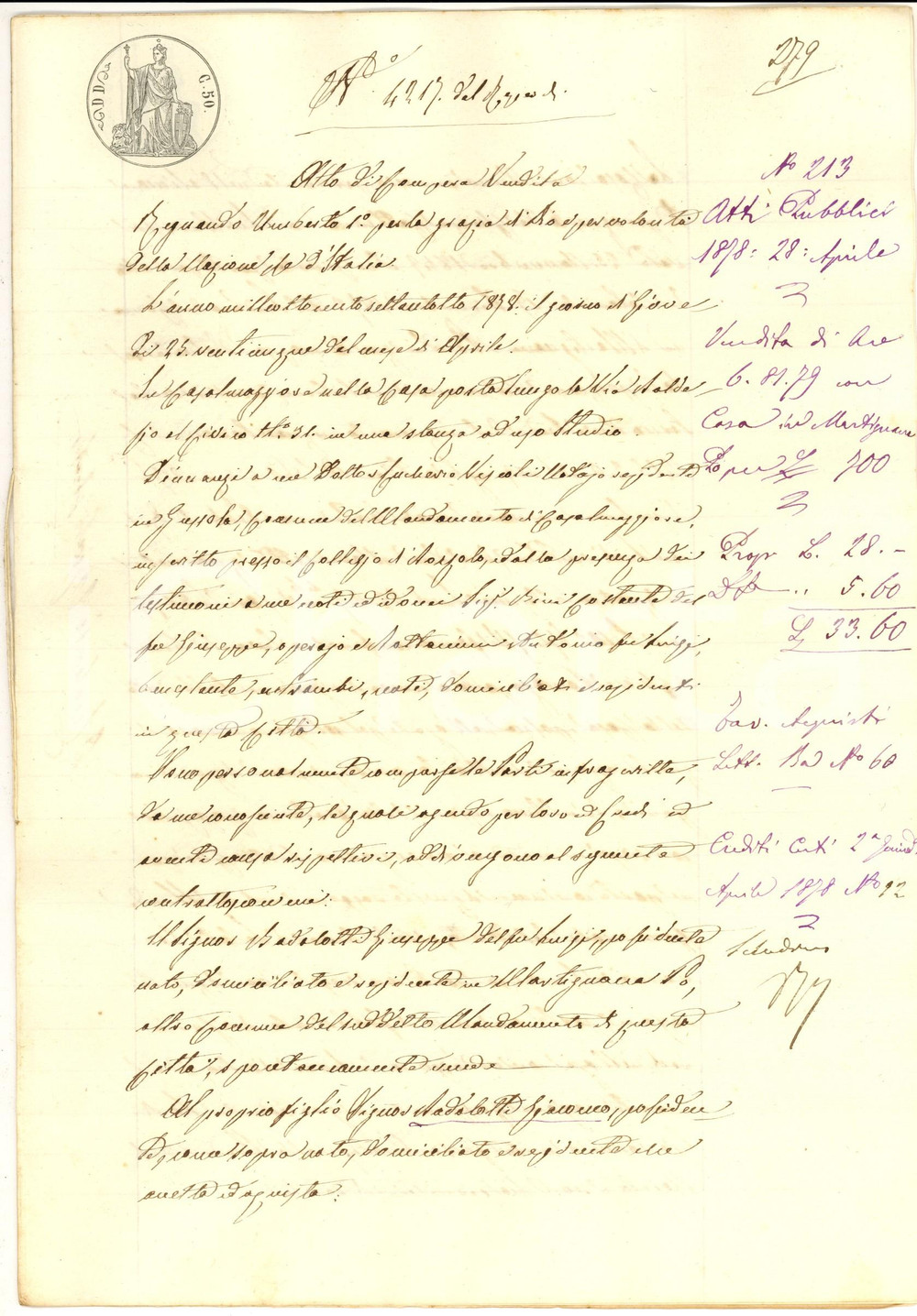 Documento originale, autentico 1878 MARTIGNANA DI PO Giuseppe BADALOTTI vende casa con sedume al figlio 1