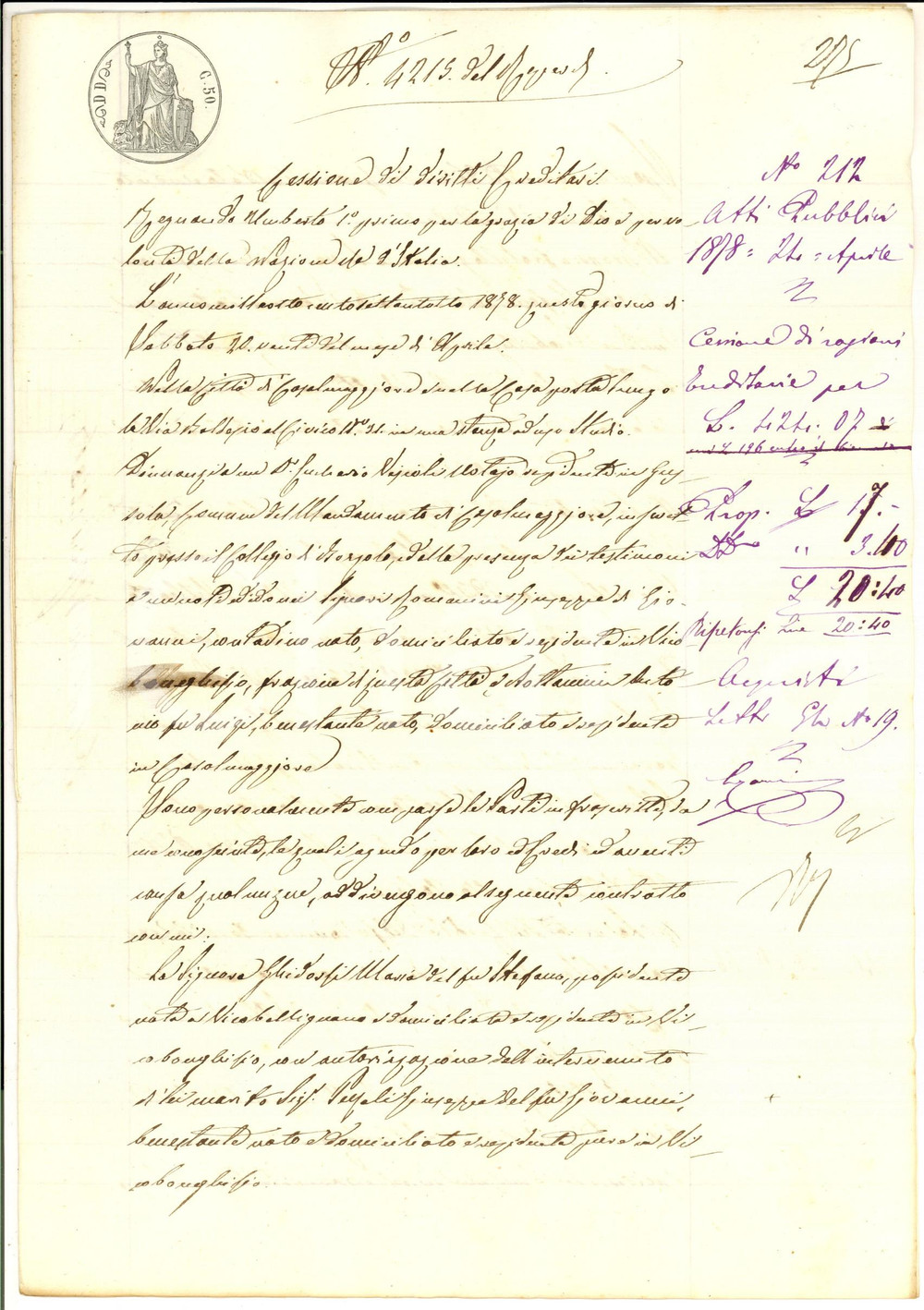 Documento originale, autentico 1878 VICOBELLIGNANO CR Maria GHIDORZI cede diritti ereditari al fratello 1