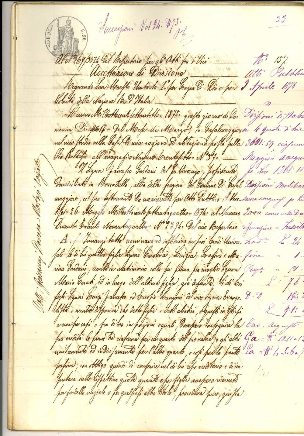Documento originale, autentico 1878 RONCADELLO Divisione tra le eredi di Francesco GARDANI Manoscritto 40 pp. 1