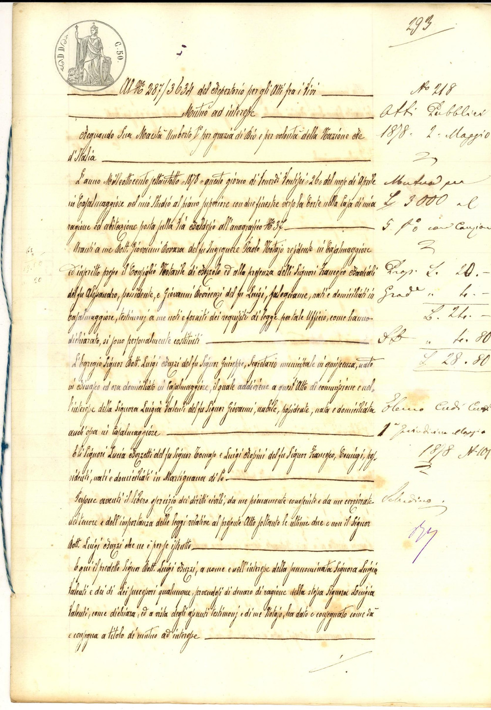 Documento originale, autentico 1878 CASALMAGGIORE CR Contratto prestito tra Luigi BUZZI e Lucia BOZZETTI 1