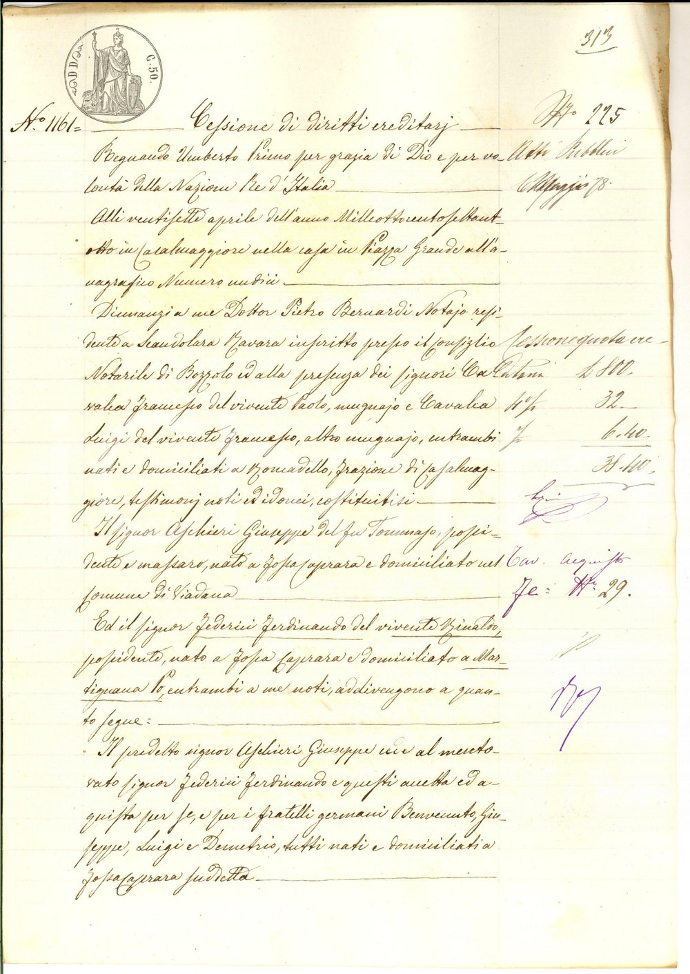 Documento originale, autentico 1878 FOSSACAPRARA Cessione diritti tra Giuseppe ASCHIERI e Ferdinando FEDERICI 1