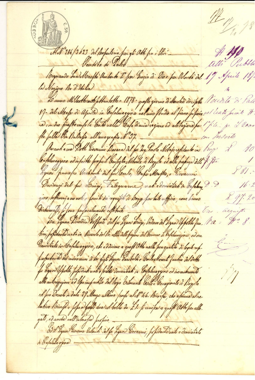 Documento originale, autentico 1878 CASALMAGGIORE CR Davidica GOFFREDI vende palco a teatro a Giacomo VALENTI 1