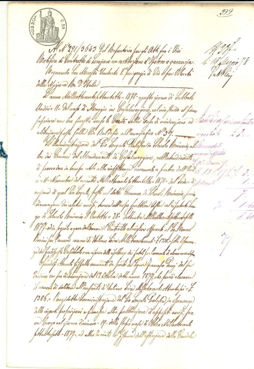 Documento originale, autentico 1878 SOLAROLO RAINERIO Ratifica locazione don Annibale GABRIELI e Romeo BONINI 1