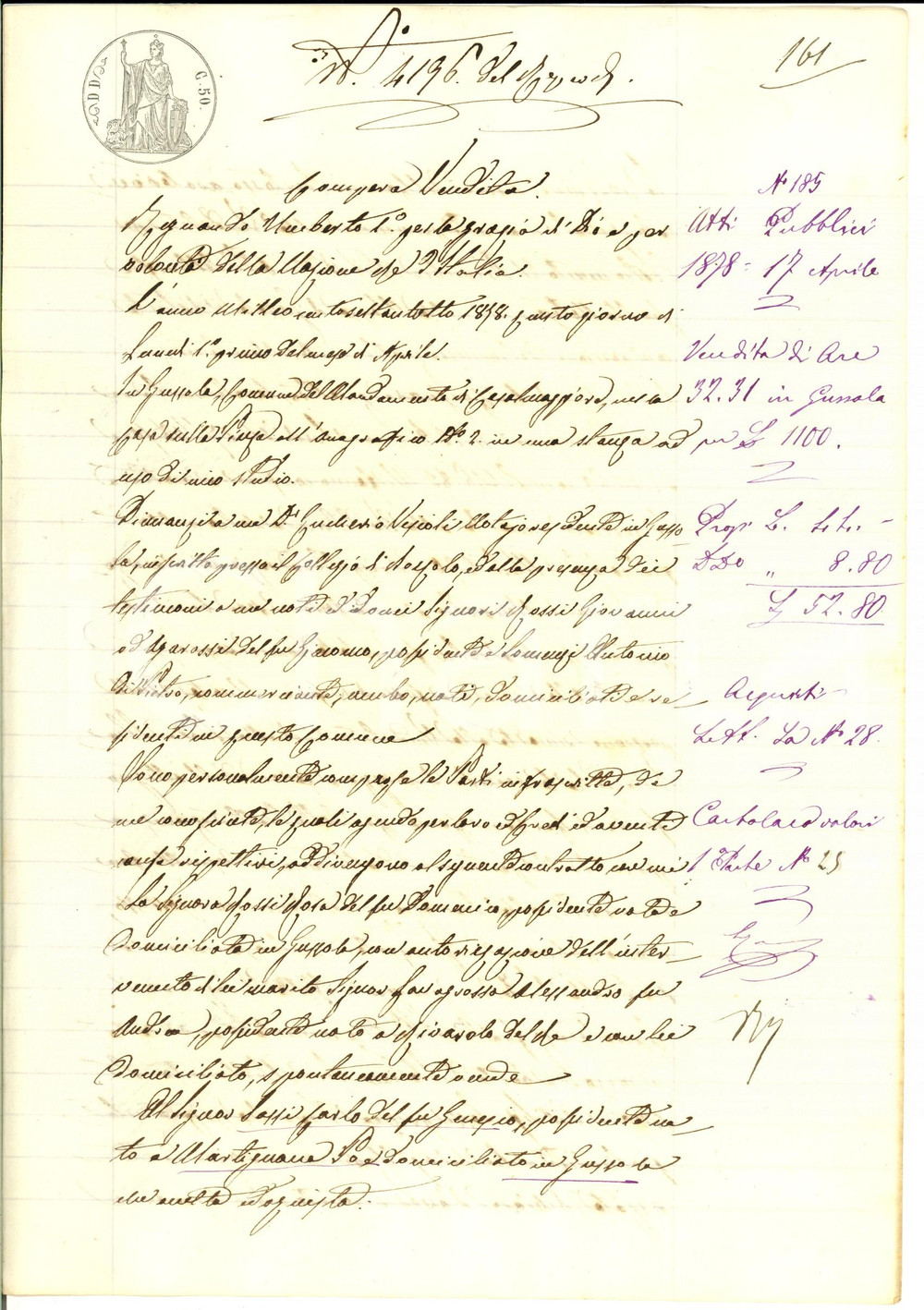 Documento originale, autentico 1878 GUSSOLA CR Rosa ROSSI vende campo BERTOZZO a Carlo SASSI Manoscritto 1