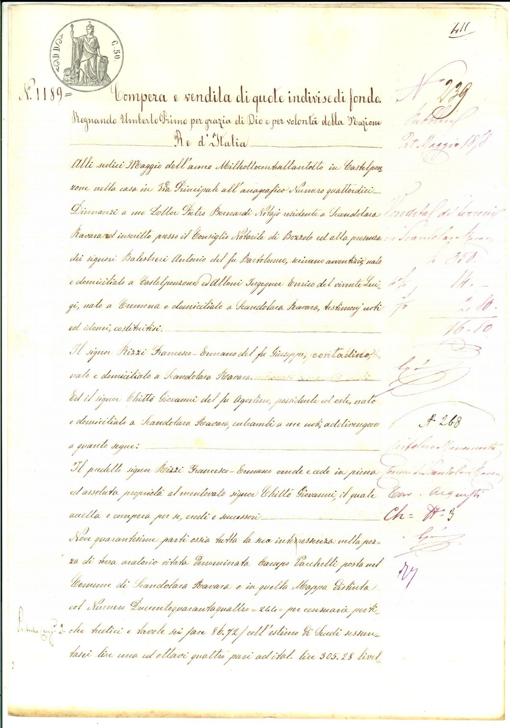 Documento originale, autentico 1878 SCANDOLARA RAVARA Francesco RIZZI vende campo VACCHELLI a Giovanni CHITTO 1