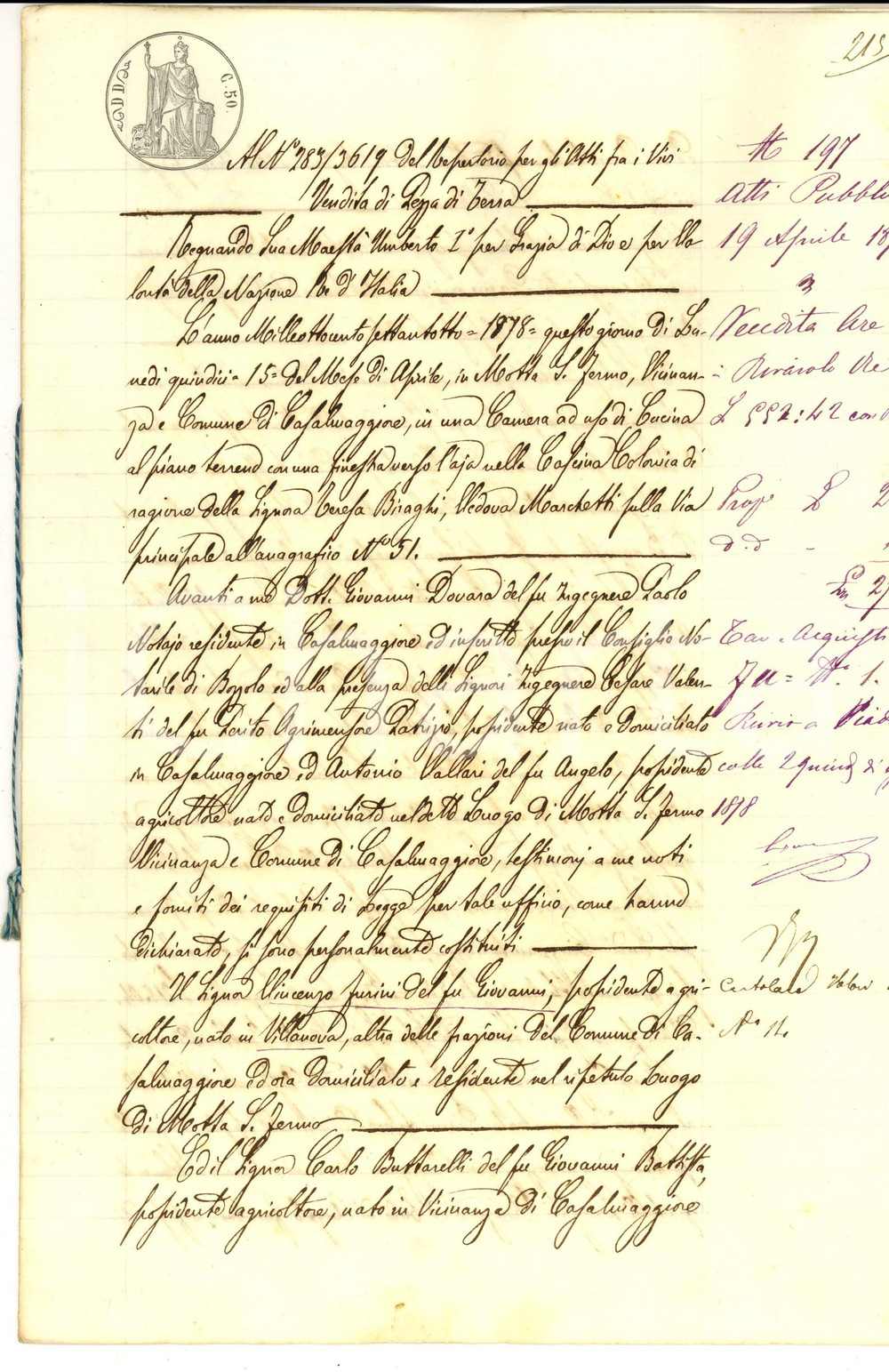 Documento originale, autentico 1878 RIVAROLO DEL RE Vincenzo FURINI vende terra ACQUAZZE a Carlo BUTTARELLI 1